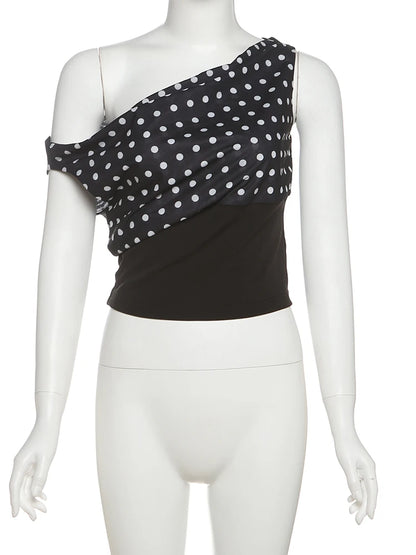 Top off-shoulder de lunares con cintura ajustada